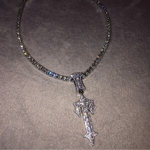 Unisex HipHop LetterT Cross Sword Necklace Rhombus Cuban Pendant Jewelry Diamond